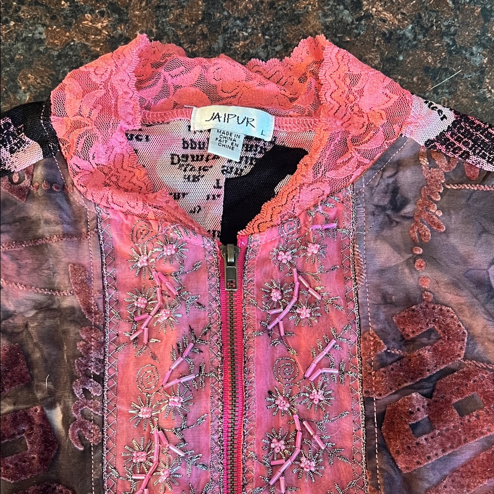 Desigual Pink Multi-Color Embroidered Lace Trim Jacket - Picture 4 of 4